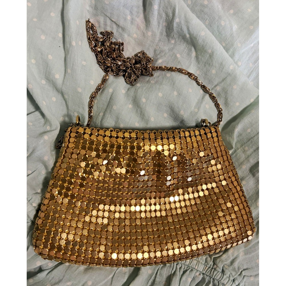 Whiting & Davis Gold Tone Metal Chain Strap Zip Lined Small Shoulder Bag